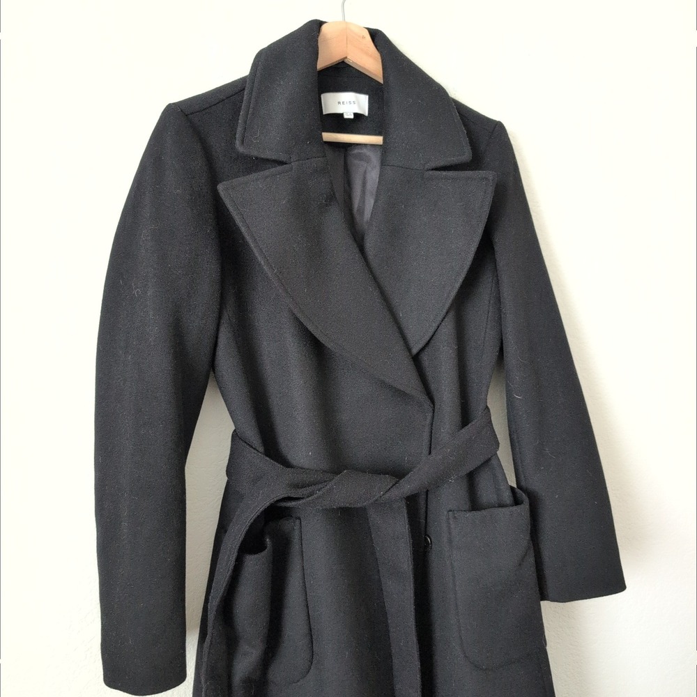 Reiss Black 100% Wool Wrap Coat Belt Long Trench Jacket Womens US 4 UK 8 Luxury - Picture 11 of 12